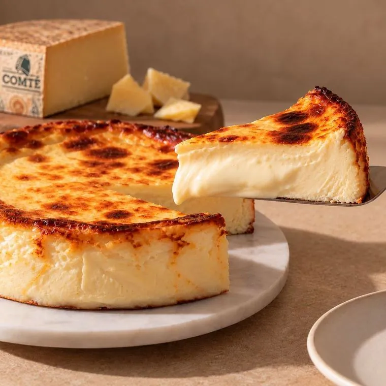 Cheesecake de Comté con una porción cortada y una cuña de Comté al lado