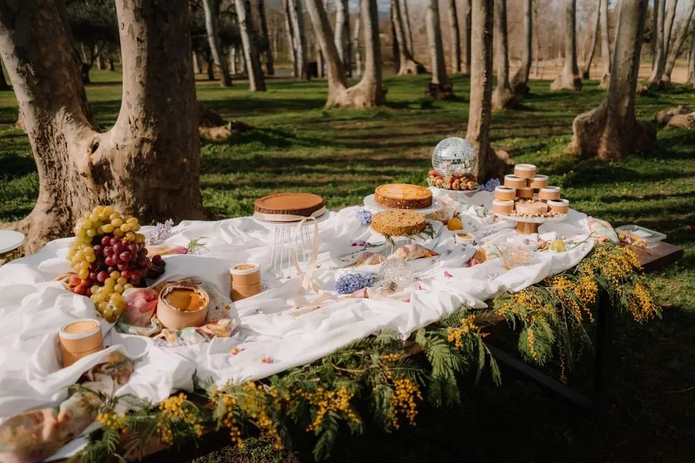 Mesa dulce de CHICA al aire libre con cheesecakes, minis y fruta