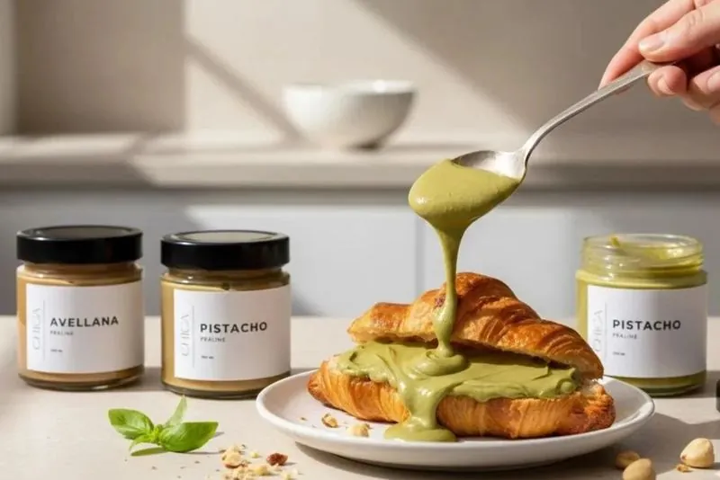 Tarros de praliné de avellana y de pistacho de CHICA junto a un cruasán untado