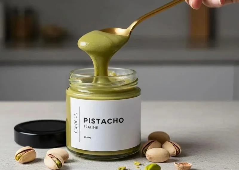 Tarro de praliné de pistacho de CHICA con una cuchara que lo levanta